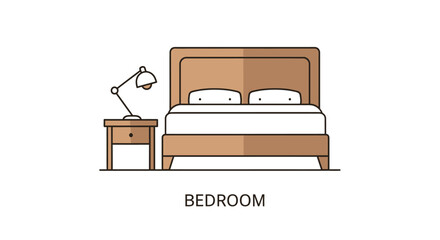 Simple bedroom interior with bed nightstand and lamp flat design silhouette