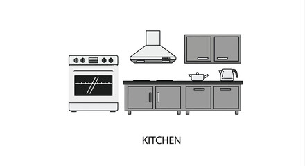 A simple kitchen setup with appliances and cabinets black silhouette