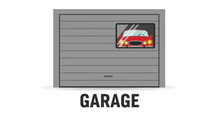 Garage door with red car visible through the window a unique silhouette