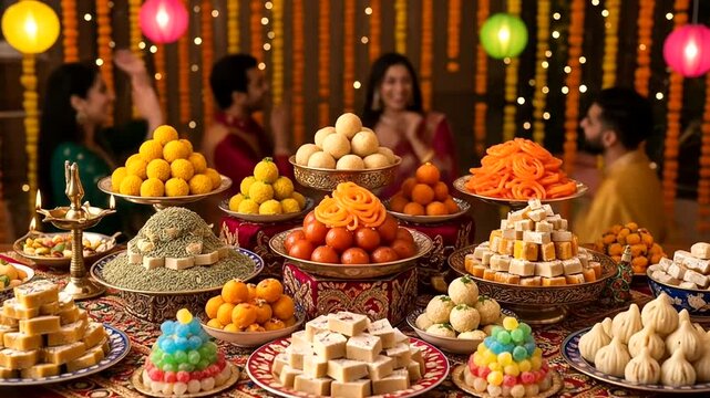 Vibrant display of traditional sweets during a festive celebration, with joyful people in the background