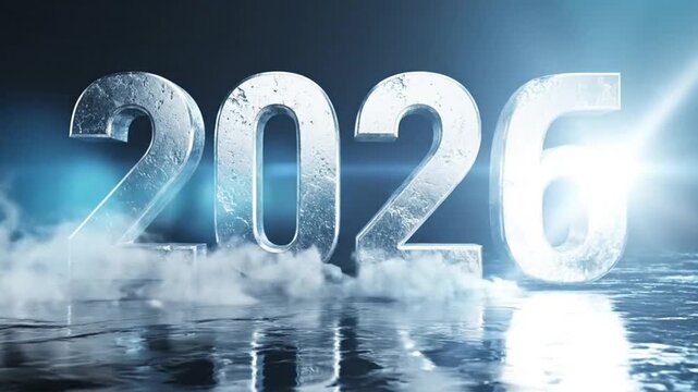 New Year 2026 Silver Metallic Numbers on a Reflective Surface