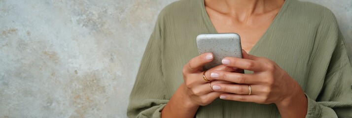 Fototapeta premium Woman is holding a cell phone in her hand