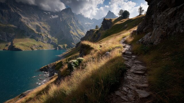 Winding hiking trail overlooking turquoise mountain lake and rugged peaks under dramatic sky - Powered by Adobe