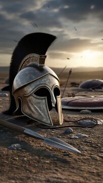 Fallen ancient spartan warrior helmet and battle gear on a dusty battlefield, historical war aftermath concept footage