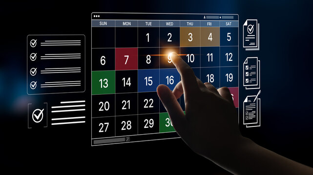 A digital calendar interface for business planning and organization. Used for scheduling events, managing tasks with checklists, and tracking important deadlines. Fermion