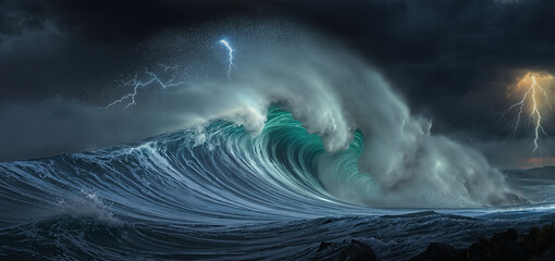 Storm with crashing ocean waves with lightning and thunder