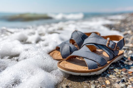 Blue sandals on pebble beach with ocean waves - Powered by Adobe