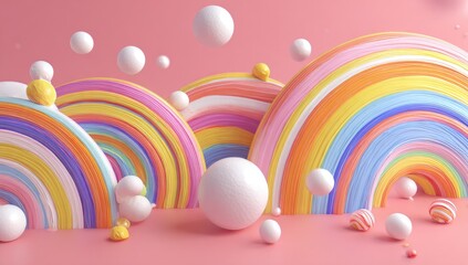 Abstract 3D render of colorful arches and spheres on a pastel pink background