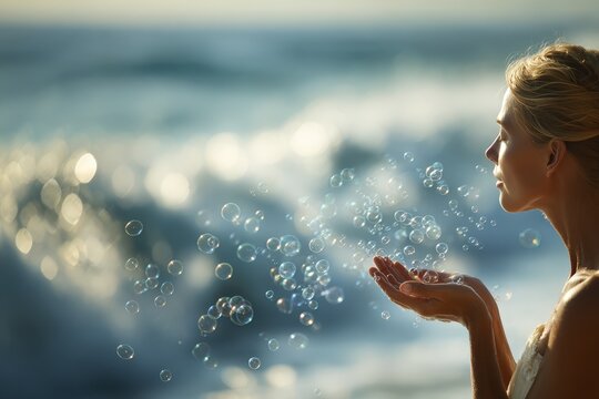 Carefree young woman blowing iridescent bubbles by the ocean at golden hour
