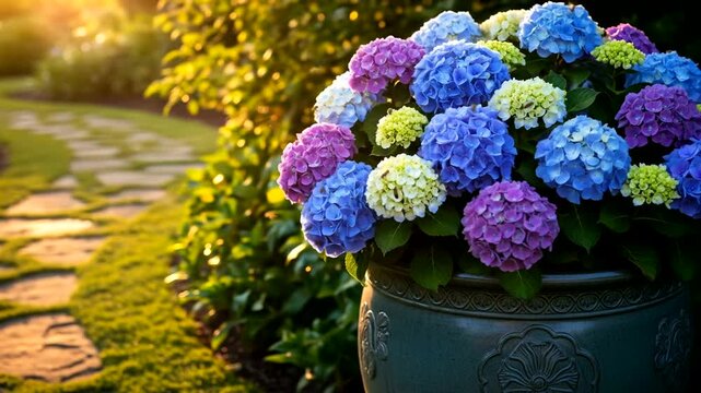 Vibrant hydrangeas in a decorative pot beside a winding stone path in a lush garden at sunset