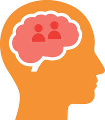 Human head silhouette, brain with people icons, social cognition concept, empathy illustration, psychological thinking, minimal vector, orange profile, white background