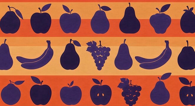 Abstract Fruit Silhouettes Pattern on Striped Background.