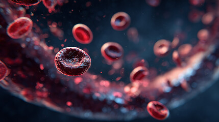 Medical Microscopic 3D Rendering of Red Blood Cells Flowing in Blood Vessel