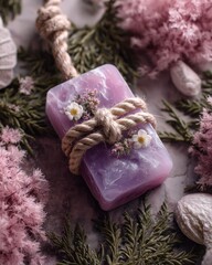 Lavender-hued soap bar, tied with twine, surrounded by pink flowers and greenery