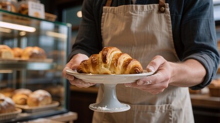 Baker presenting a golden croissant, expressed warmth and craftsmanship in a cozy bakery.
