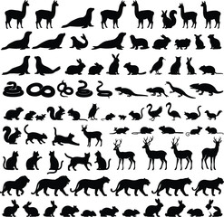 Animal silhouette grid, diverse species and poses, llama, seal, rabbit, cat, snake, deer, tiger, black and white vector set