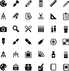 Fototapeta premium Art and office tool icon set, black silhouette creative supply illustrations, stylized design equipment graphics, stationery and studio symbol grid, minimalist UI elements
