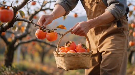 Farmer harvesting ripe persimmons in autumn orchard, used for seasonal harvest scenes.
