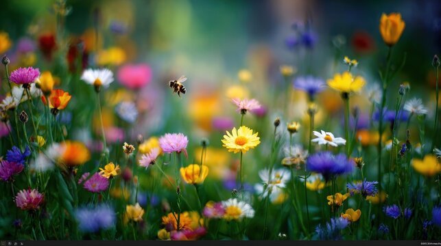 Honey bee flying among vibrant colorful wildflowers in a meadow
