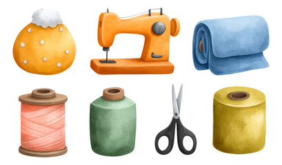Colorful Sewing Tools and Accessories on Transparent Background for Craft Projects