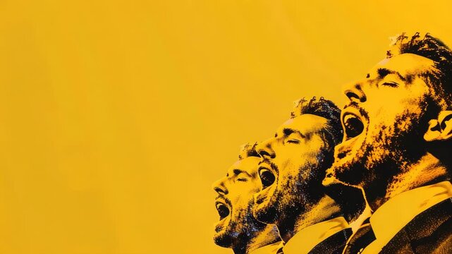 Four men in suits singing passionately against yellow background