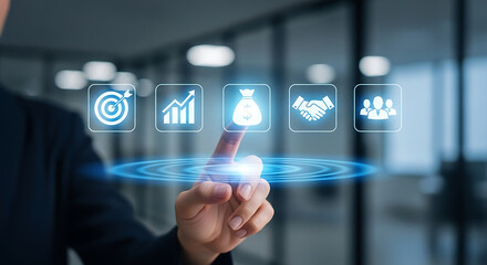 Business strategy and success concept with a finger on investment and goals icons