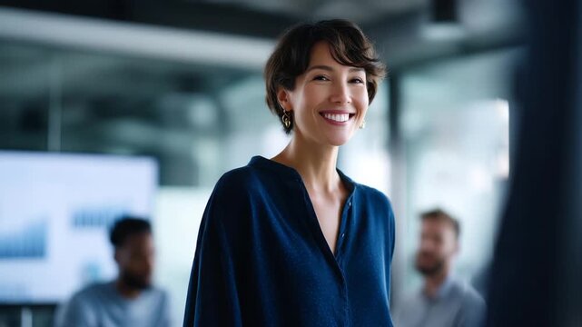 video 4K A confident businesswoman leading a professional presentation in a modern glass-walled office, surrounded by a diverse business team engaged in discussion. Large digital screen dis