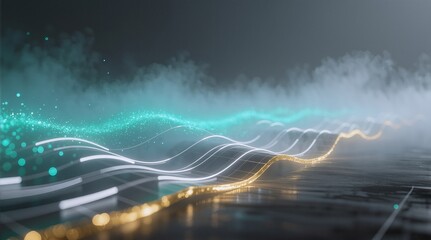 Obraz premium Ethereal glowing waves in misty night, expressed mystery or Used in tech scenes