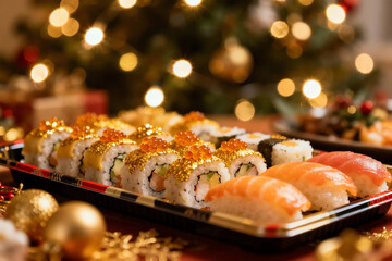 Festive holiday sushi and sashimi platter with golden rolls and ikura, set against blurred warm Christmas tree lights, perfect for a luxurious celebration.