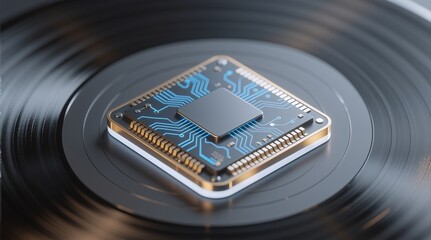 A futuristic microchip with glowing circuits on a vinyl record, expressing innovation and technology.
