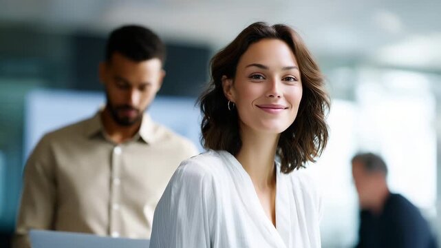 video 4K onfident businesswoman leading a professional presentation in a modern glass-walled office, surrounded by a diverse business team engaged in discussion. Large digital screen dis - Powered by Adobe