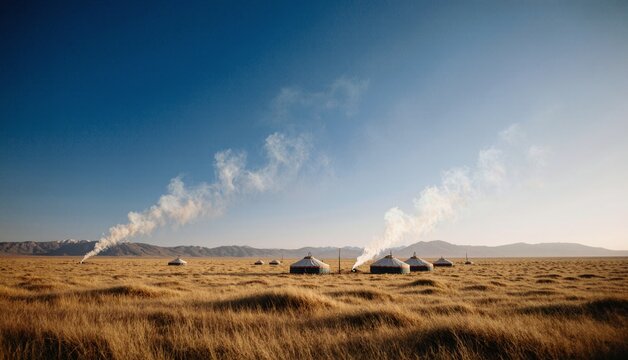 Golden grasslands with traditional yurts under a clear blue sky at sunset Generative AI