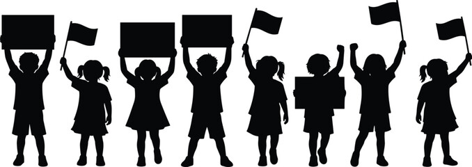 Children holding flags and signs, youth protest silhouette, black and white vector, unity concept, public demonstration, minimal illustration, activism theme