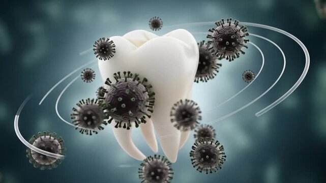 A White Tooth Surrounded By Dark Microbes Under Blueish Gray Background With Swirling Light Streaks