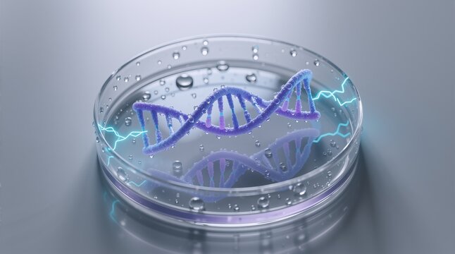 DNA double helix in petri dish with glowing effects, used in scientific research scenes.