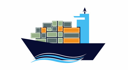 A stylized illustration of a cargo ship loaded with shipping containers, sailing on wavy water against a white background.