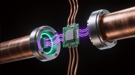 Quantum chip connecting copper pipes with glowing energy, used in futuristic tech scenes.