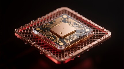 A golden microchip on a copper grid, illuminated with red light, expressed tech innovation or Used in futuristic scenes.
