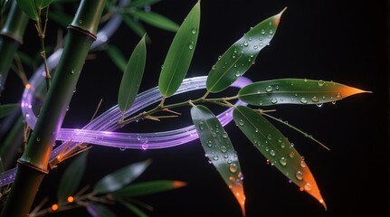 Bamboo leaves with dewdrops and glowing purple light, expressed serenity or Used in meditation scenes