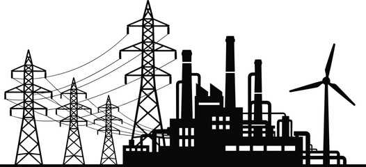 Industrial energy infrastructure, power plant, transmission towers, wind turbine, electricity grid, renewable vs fossil fuel, black and white, environmental contrast