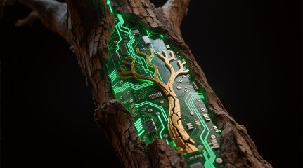 A glowing circuit board embedded in a tree trunk, expressing nature-tech fusion or Used in sci-fi scenes.