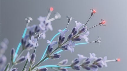 Lavender flowers with futuristic probes, expressing science or Used in tech scenes