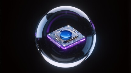 Futuristic CPU encased in glowing orb, expressed tech innovation or Used in sci-fi scenes.