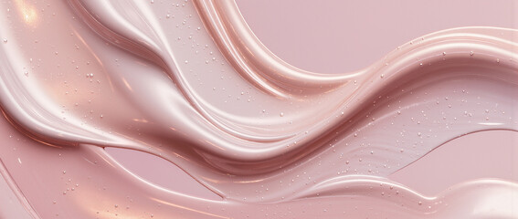 Glossy pink cream texture with smooth flowing waves and pearly shine. Elegant cosmetic background for beauty, skincare