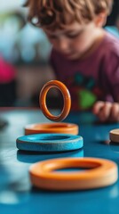 A child playing carnival games with a focus on the ring toss setup, playful and candid moment, clean and professional composition, copy space, natural color, minimalism, stock photography