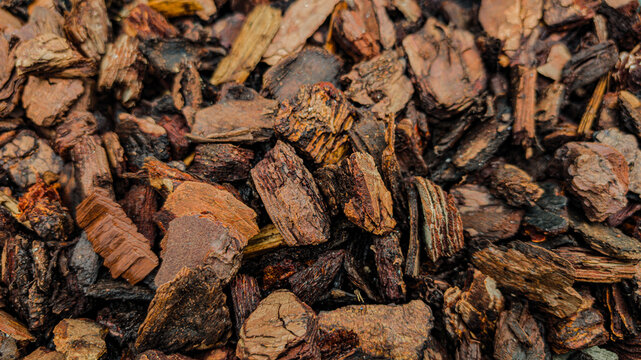 Brown wooden bark pieces used for gardening, landscaping, and soil decoration. Natural mulch texture made of tree bark, suitable for eco design, horticulture, and background use.