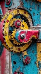 A close-up of a colorful amusement ride mechanism with gears and painted steel, industrial texture with fun colors, clean and professional composition, copy space, natural color, minimalism, stock pho