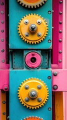 A close-up of a colorful amusement ride mechanism with gears and painted steel, industrial texture with fun colors, clean and professional composition, copy space, natural color, minimalism, stock pho