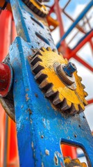 A close-up of a colorful amusement ride mechanism with gears and painted steel, industrial texture with fun colors, clean and professional composition, copy space, natural color, minimalism, stock pho