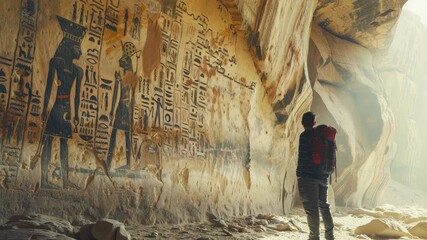 Explorer examines ancient hieroglyphs on cave walls in desert setting Male viewer, carvings, backpack